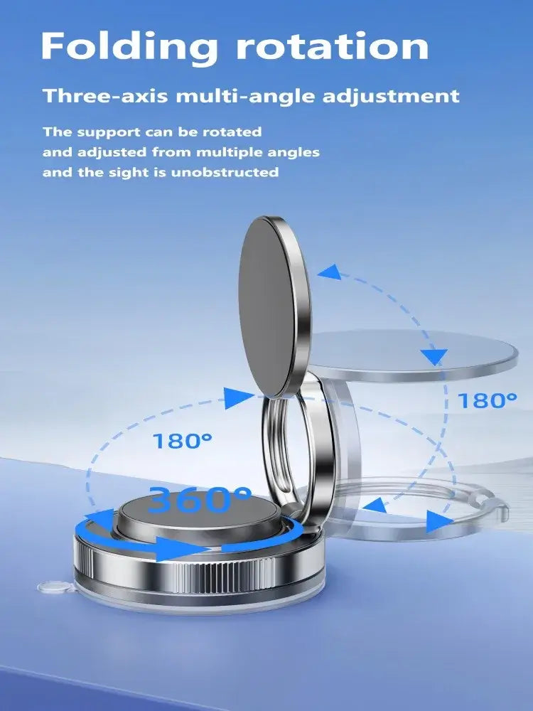 Magnetic phone holder with 360° base rotation and 180° folding arm for multi-angle smartphone positioning