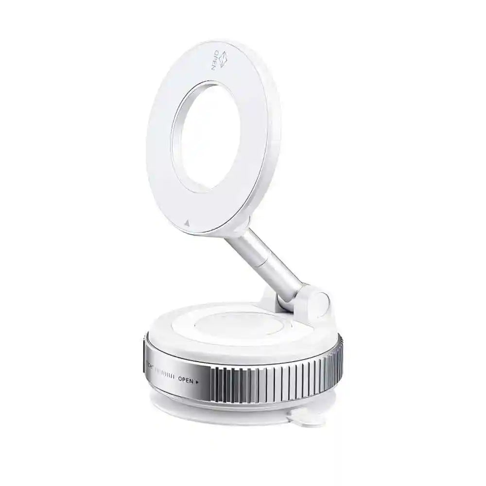 White magnetic car phone holder with round mirror-style design