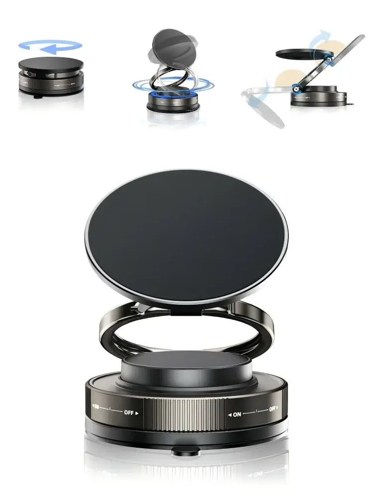Magnetic suction phone holder with 360° rotation for car dashboard, compatible with all smartphones