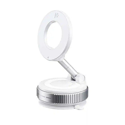 White magnetic car phone holder with round mirror-style design