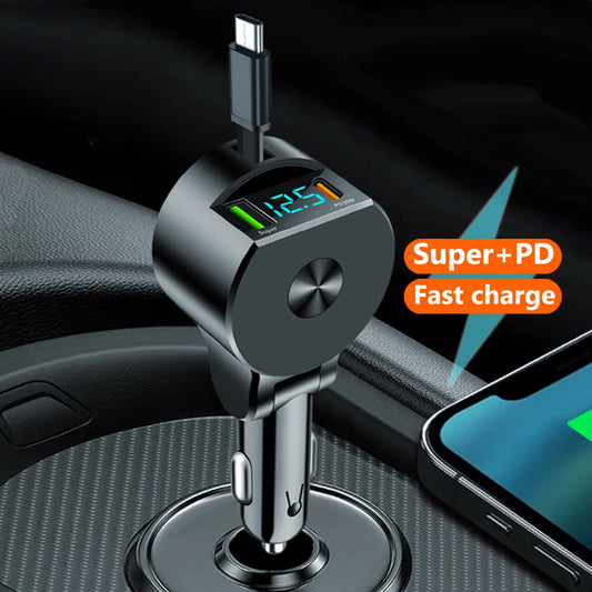 Super Fast Retractable Car Charger – USB QC3.0 + Type-C PDCharger USB QC3.0 Type C PD Fast Charging Retractable Cables Voltage Detectiction